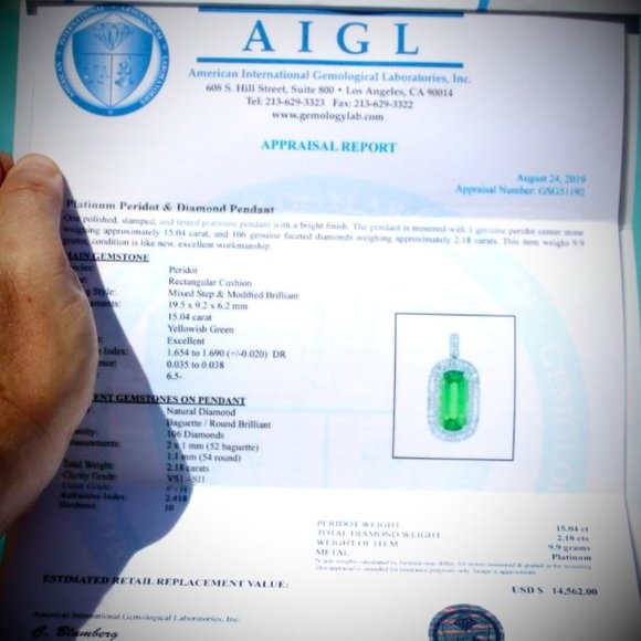 Peridot 15.04ct Diamonds Solid Platinum Pendant - Picture 5 of 10